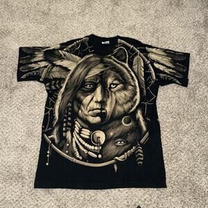 Vtg Liquid Blue 90s Shirt XL Black Native Wolf Spirit Dream Catcher Eagle 1996